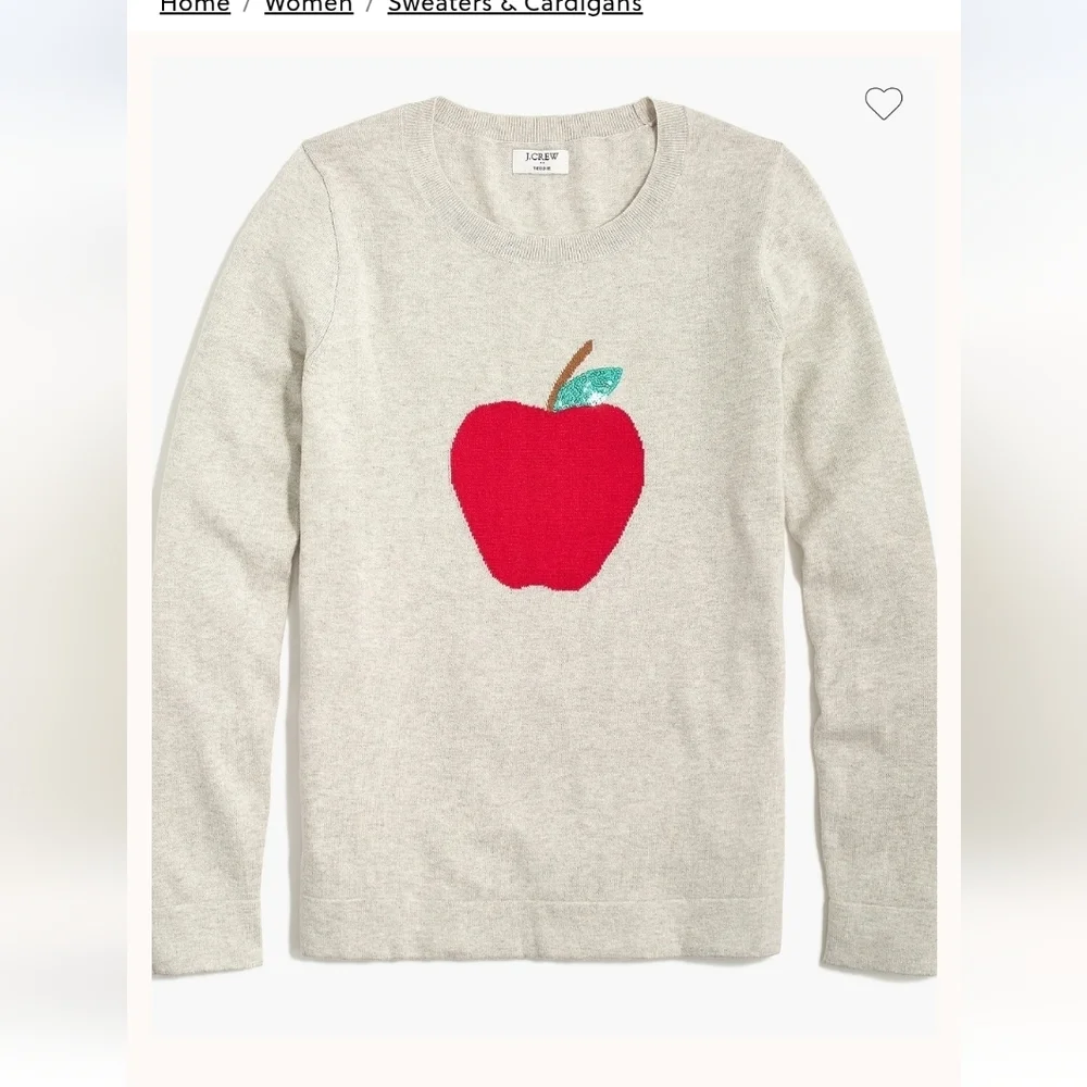 NWT J. Crew Teddie Oatmeal Sweater with Red Apple Design ~size Medium